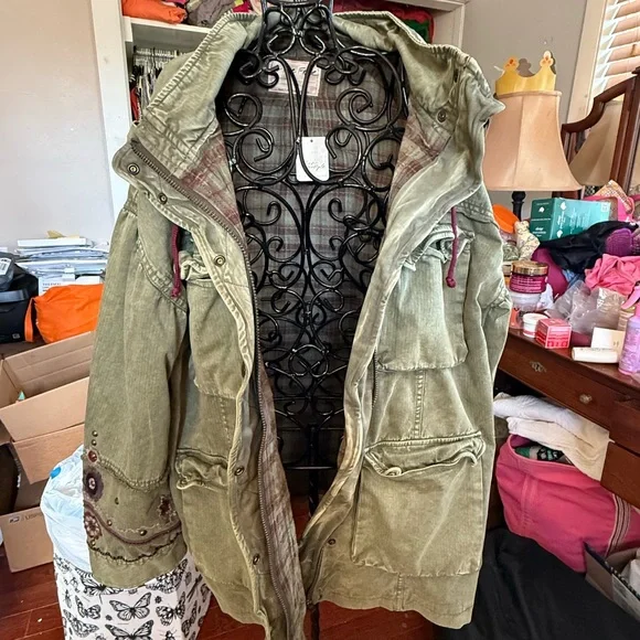Free People “So Down” Military Olive Utility Jacket with Burgundy Details
